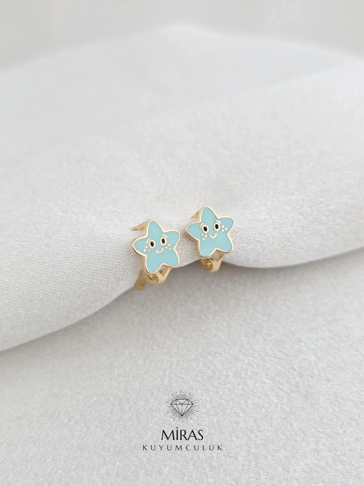 14 Ayar Altın - Mavi Yıldız Mineli Çocuk Küpe - K14KP227