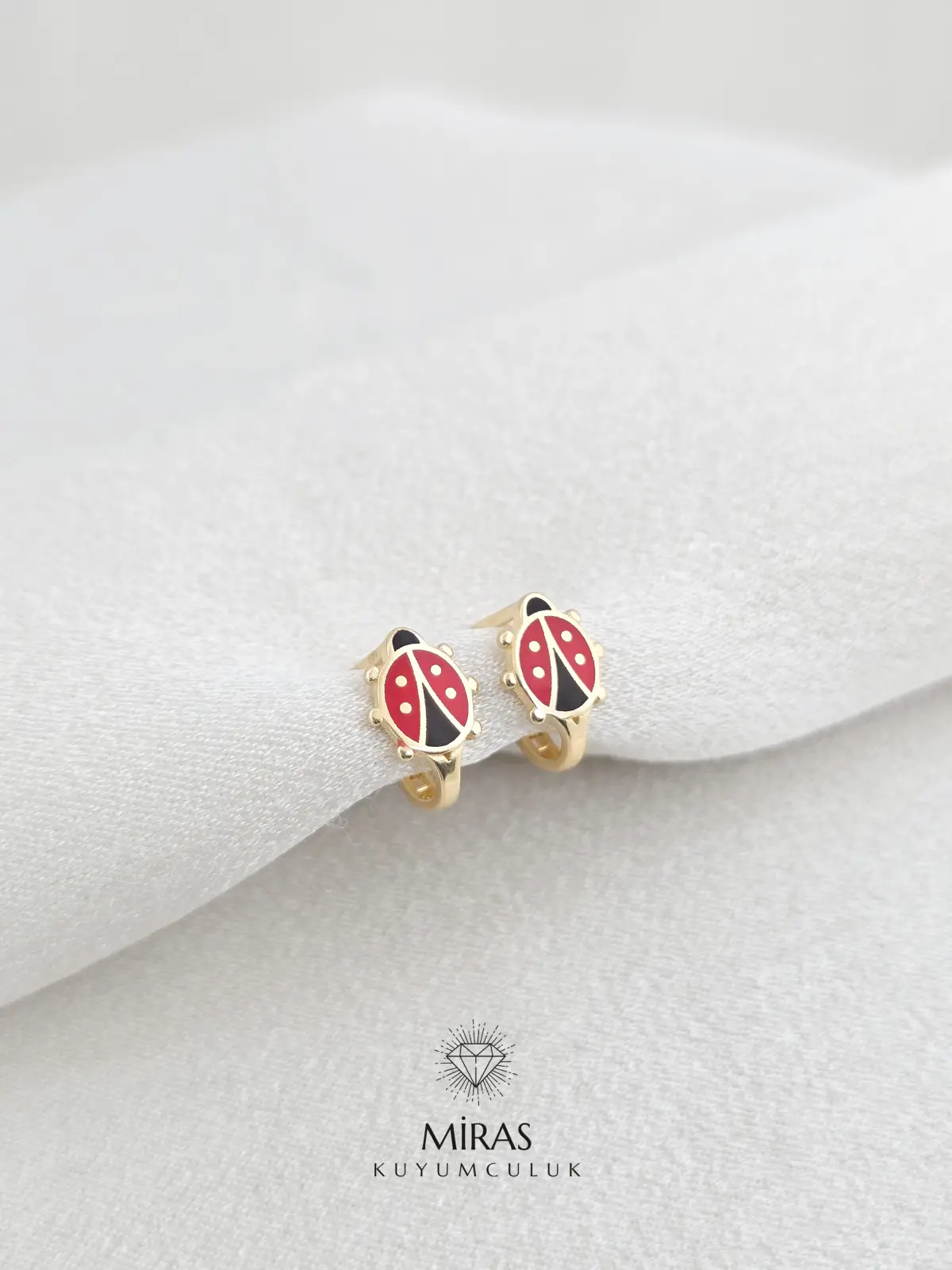 14 Ayar Altın - Uğur Böceği Mineli Çocuk Küpe - K14KP295