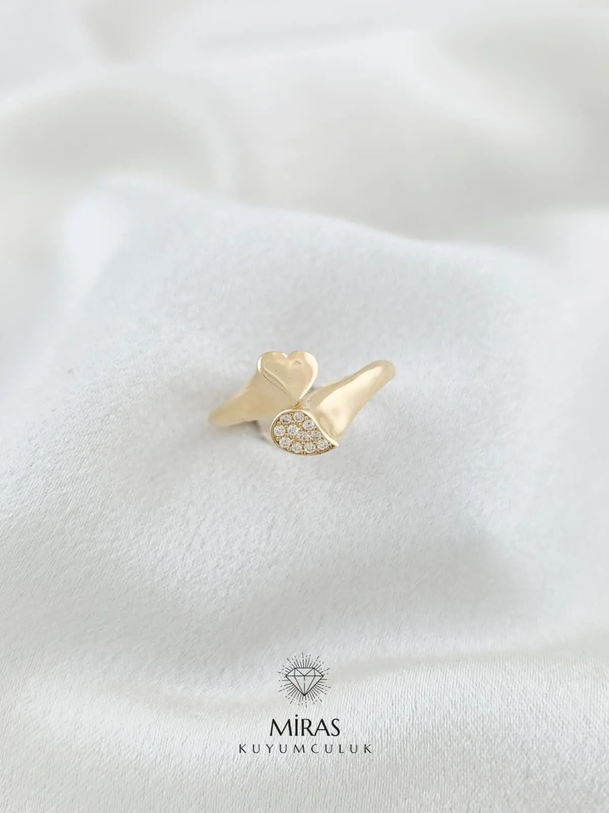 14 Ayar Altın - Sarmal Taşlı Kalp Yüzük - 14YZK796