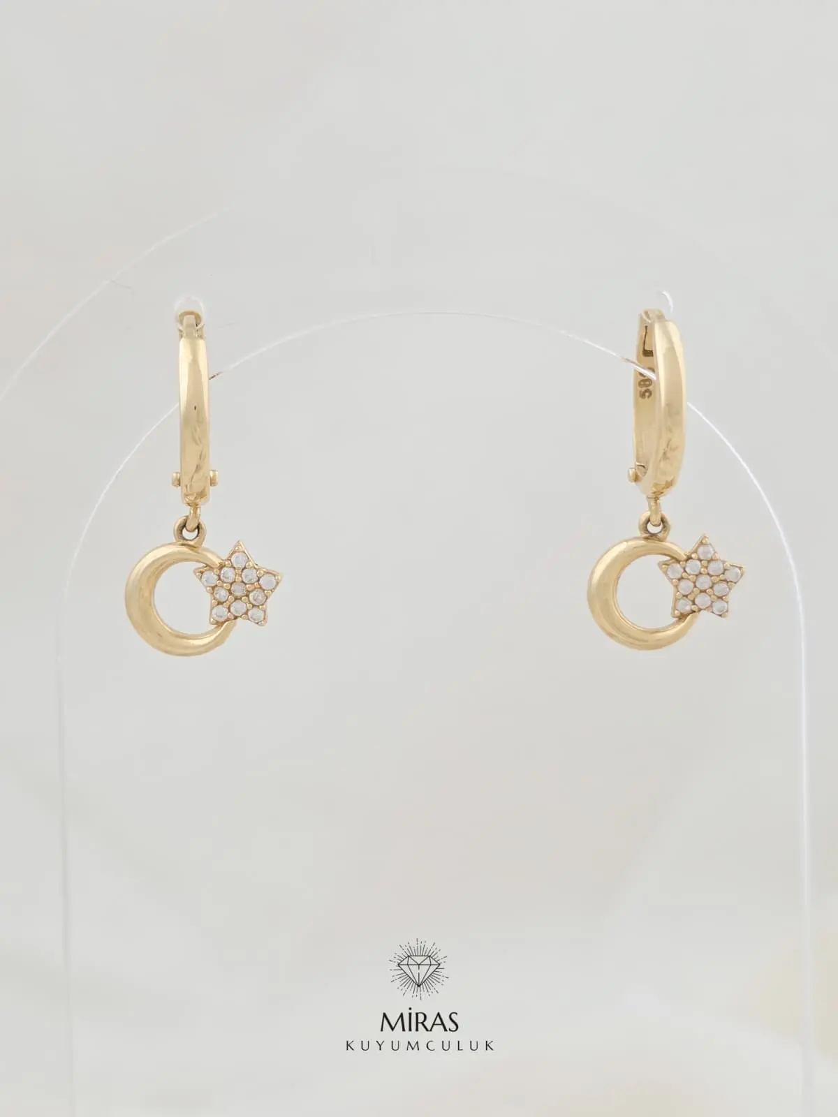 14 Ayar Altın - Taşlı Ay-Yıldız Sallantılı Küpe - 14KP972