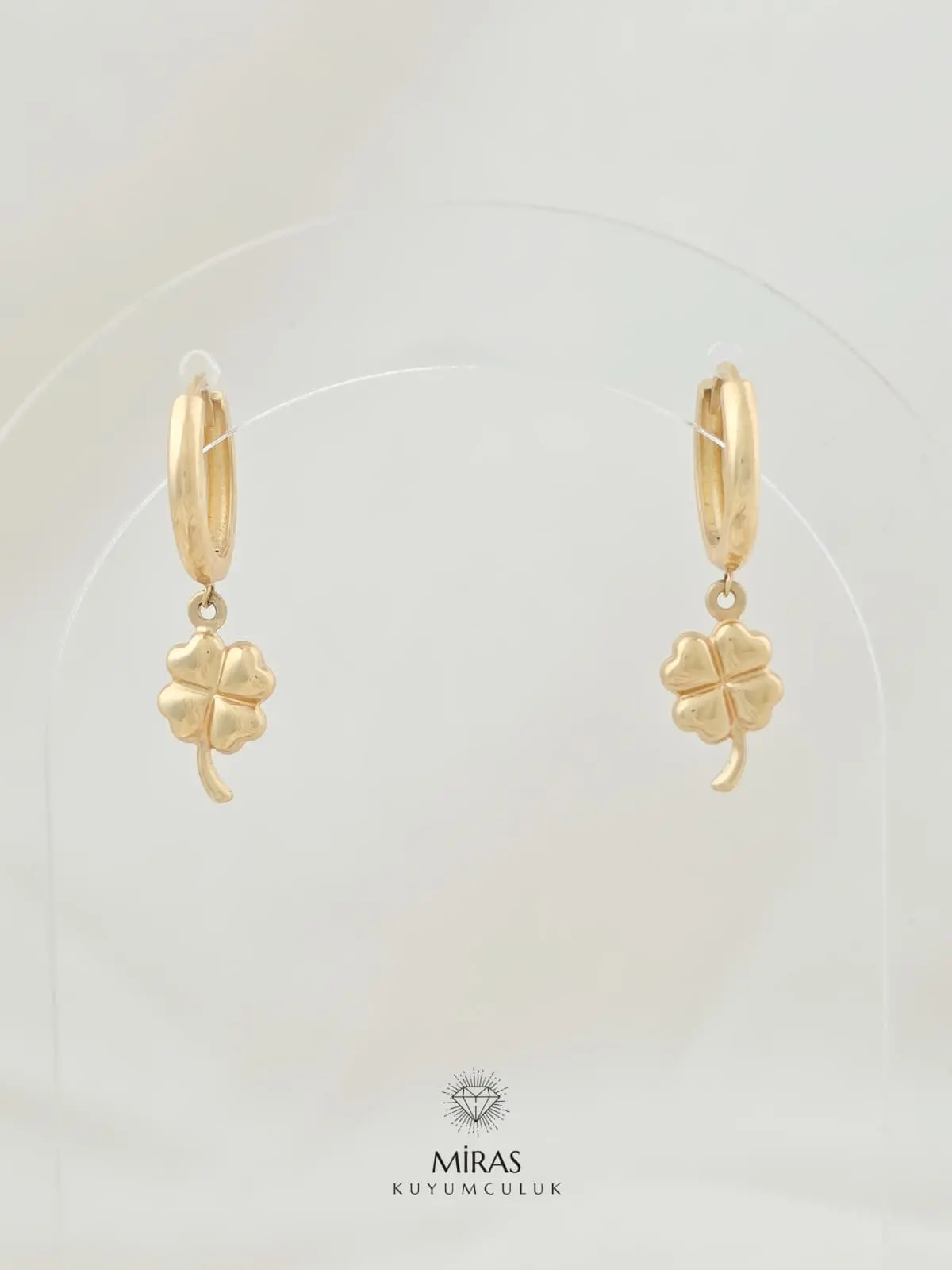 14 Ayar Altın - Taşsız Sallantılı Yonca Küpe - 14KP581