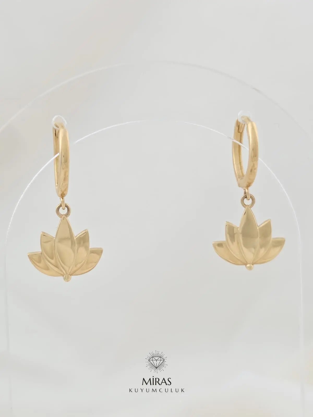 14 Ayar Altın - Taşsız Sallantılı Lotus Küpe - 14KP748