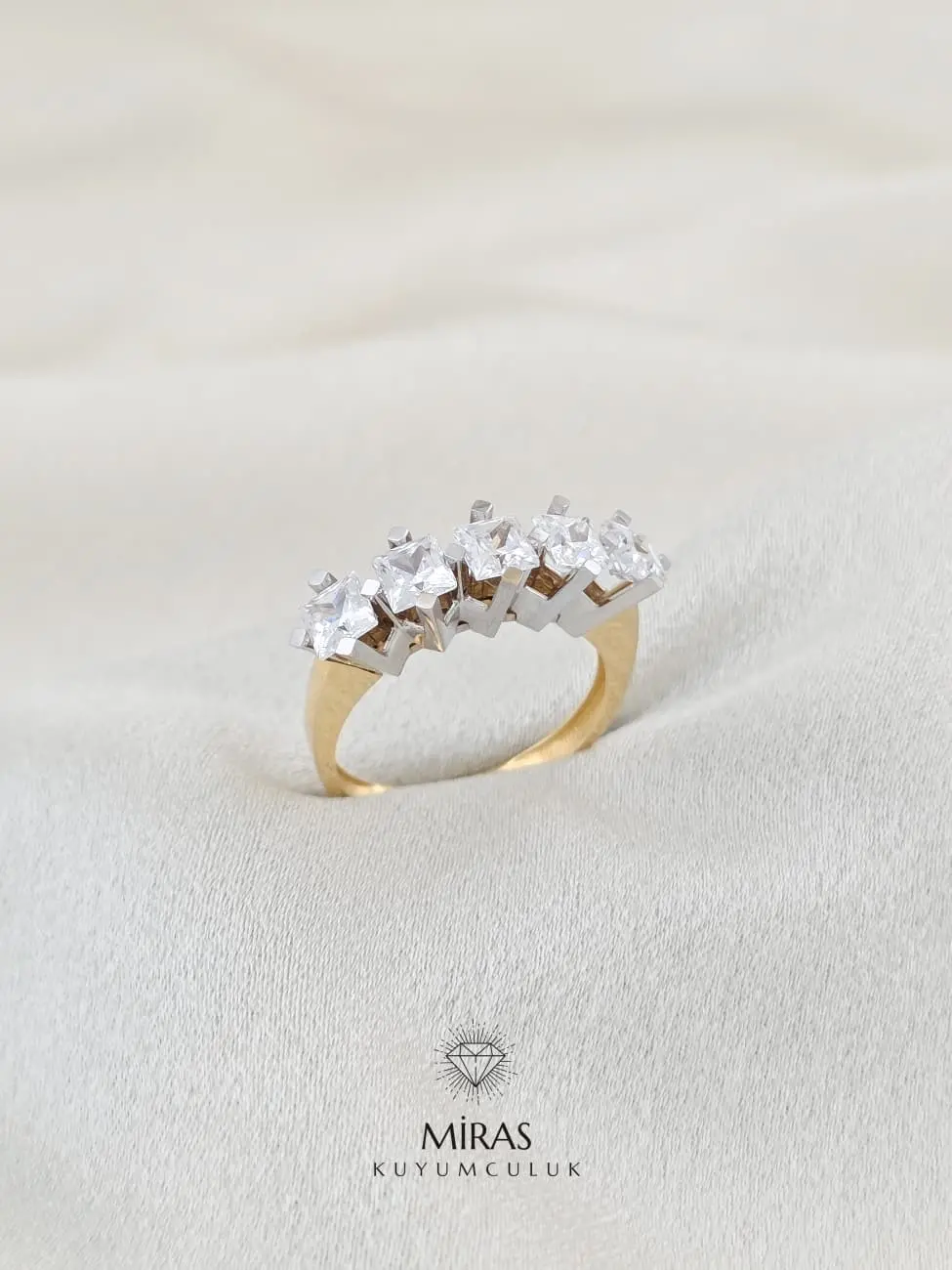 14 Ayar Altın - Çift Renkli Kare Beştaş Yüzük - K14YZK94