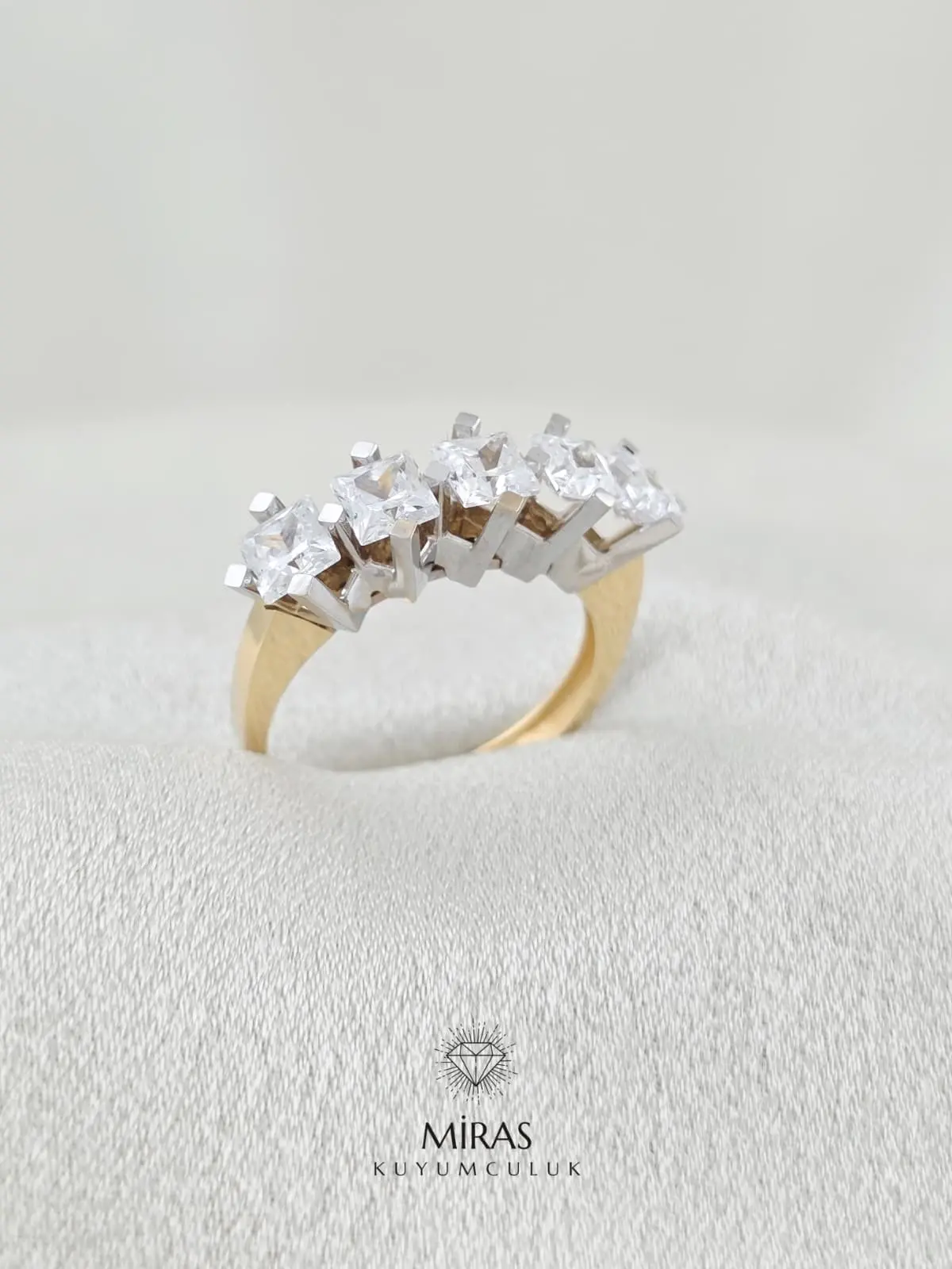 14 Ayar Altın - Çift Renkli Kare Beştaş Yüzük - K14YZK94