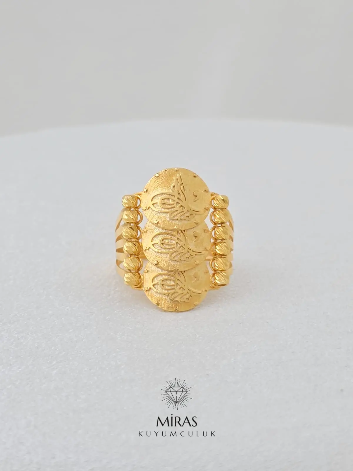 14 Ayar Altın - Dorika Üç Sıra Tuğralı Yüzük - K14YZK360