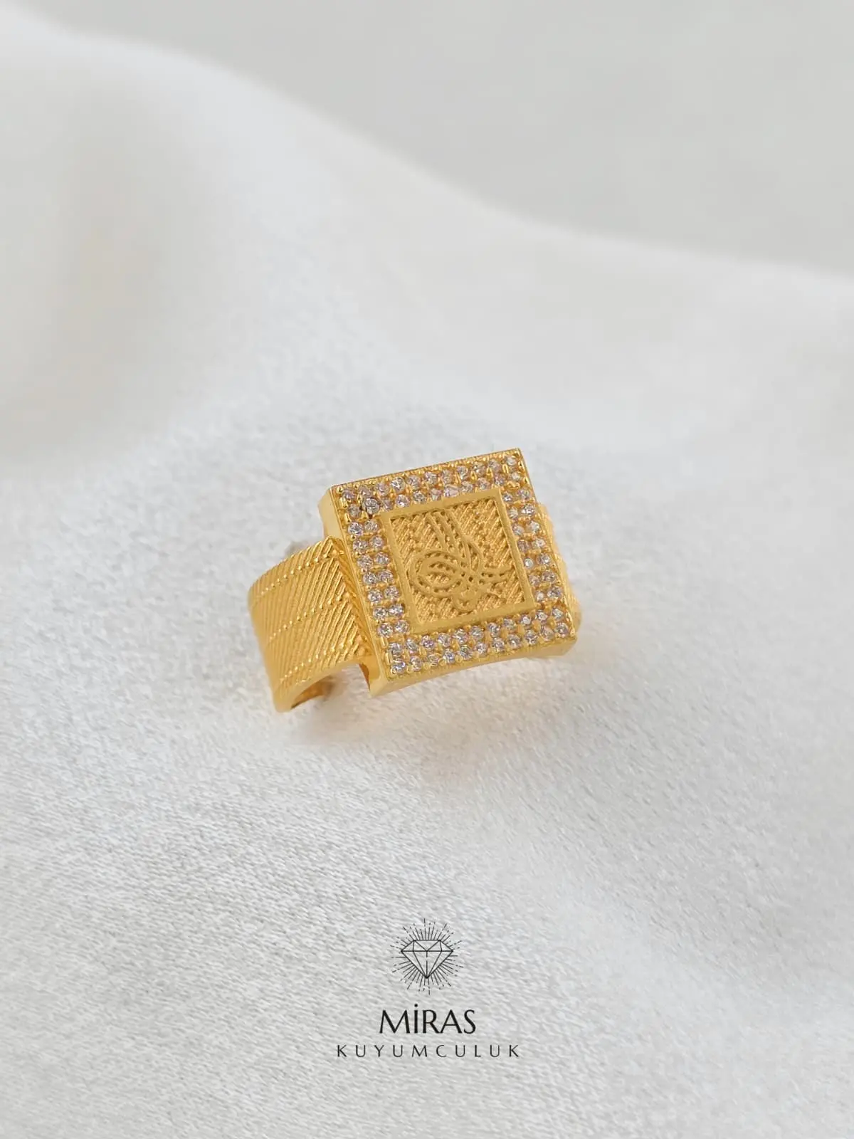 14 Ayar Altın - Taşlı Hasır Tuğra Yüzük - 14YZK772