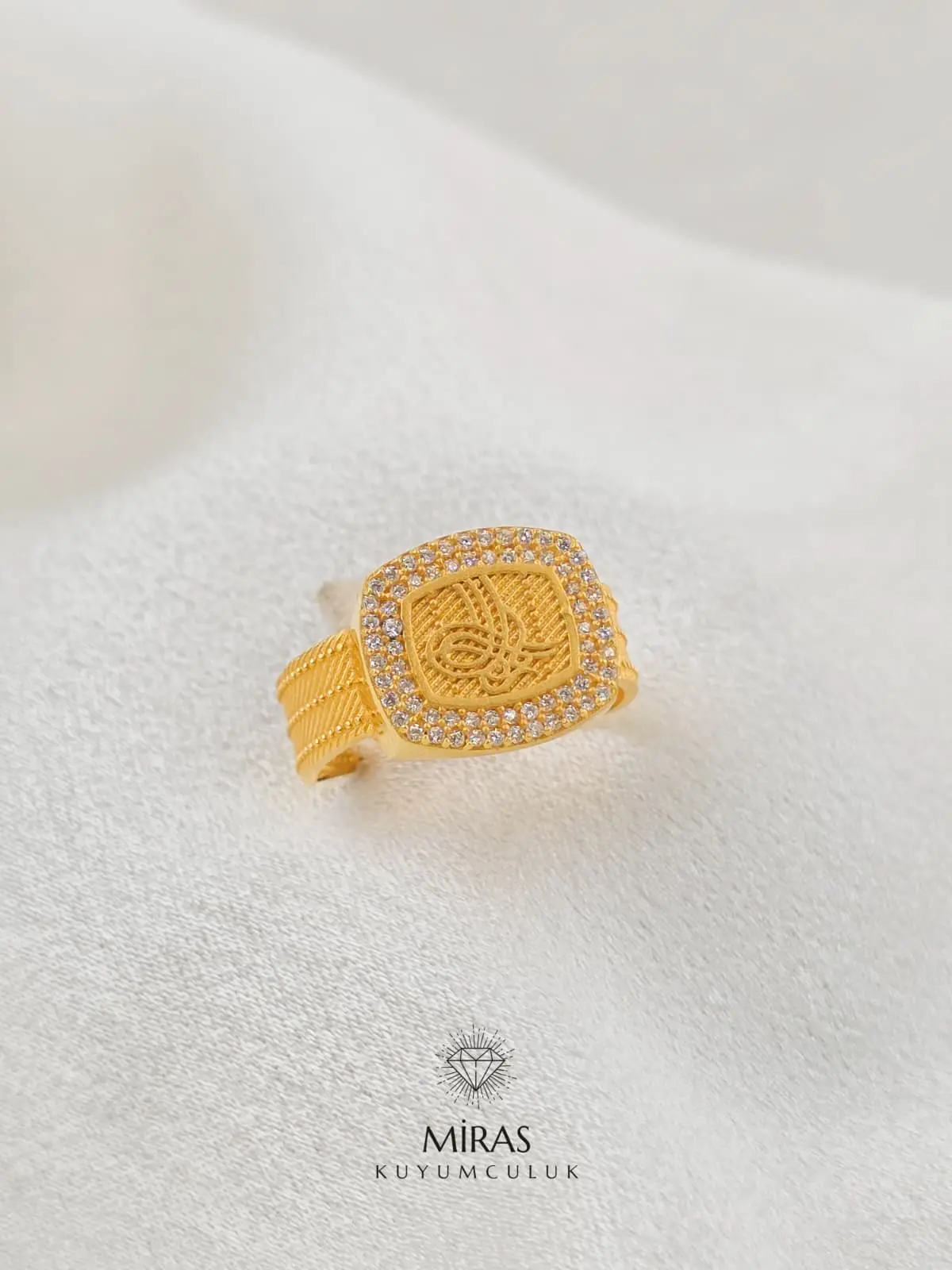 14 Ayar Altın - Taşlı Hasır Tuğra Yüzük - 14YZK774