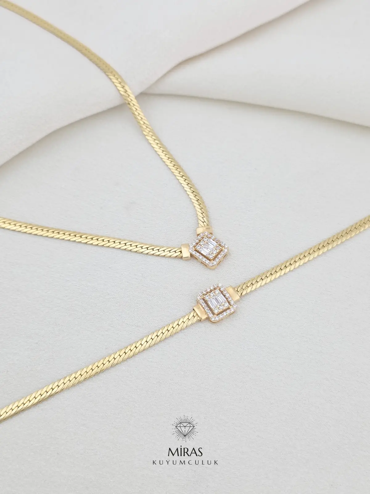 14 Ayar Altın - Balık Sırtı Zincir Baget Gerdanlık & Bileklik Takım Set