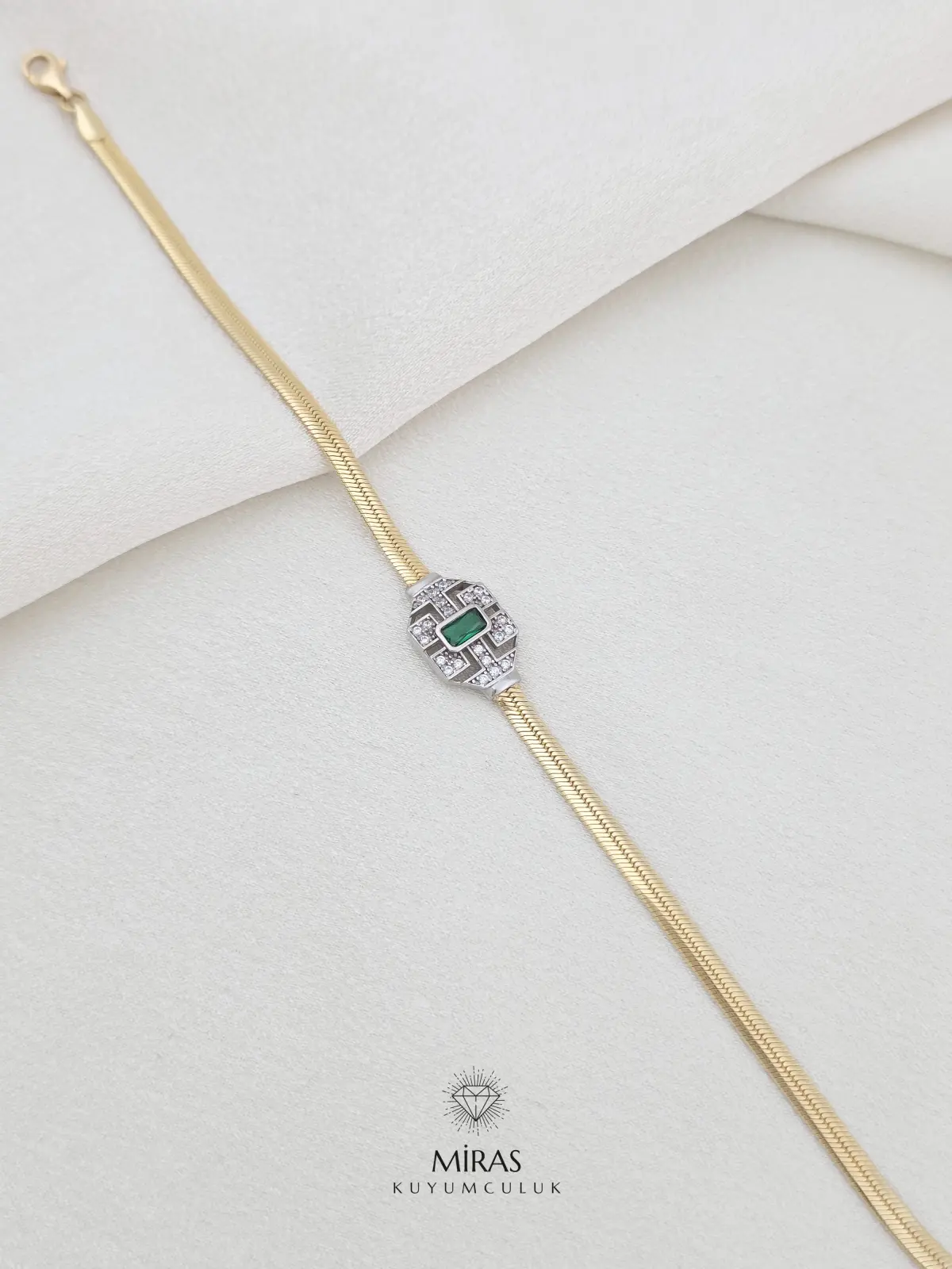 14 Ayar Altın - Balık Sırtı Zincir Yeşil Taşlı Kolye & Bileklik Set