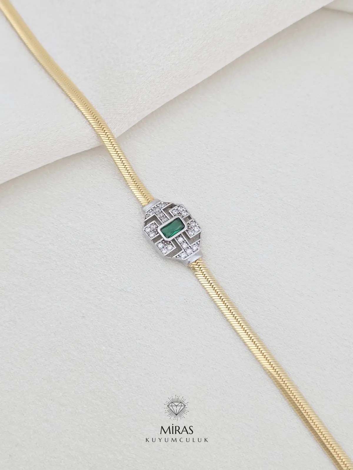 14 Ayar Altın - Balık Sırtı Zincir Yeşil Taşlı Kolye & Bileklik Set