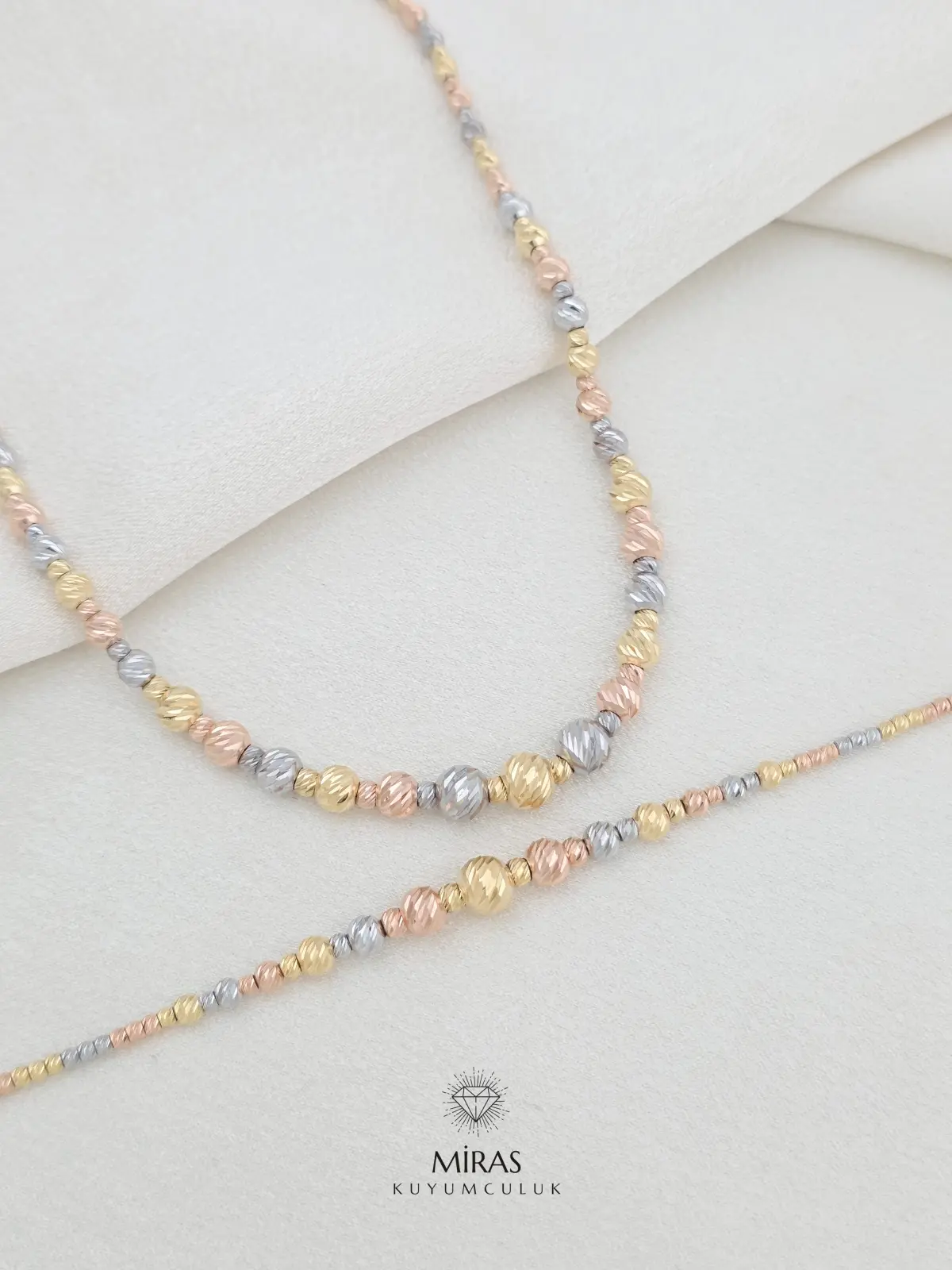 14 Ayar Altın - Üç Renkli Süzme Dorika Kolye & Bileklik Set