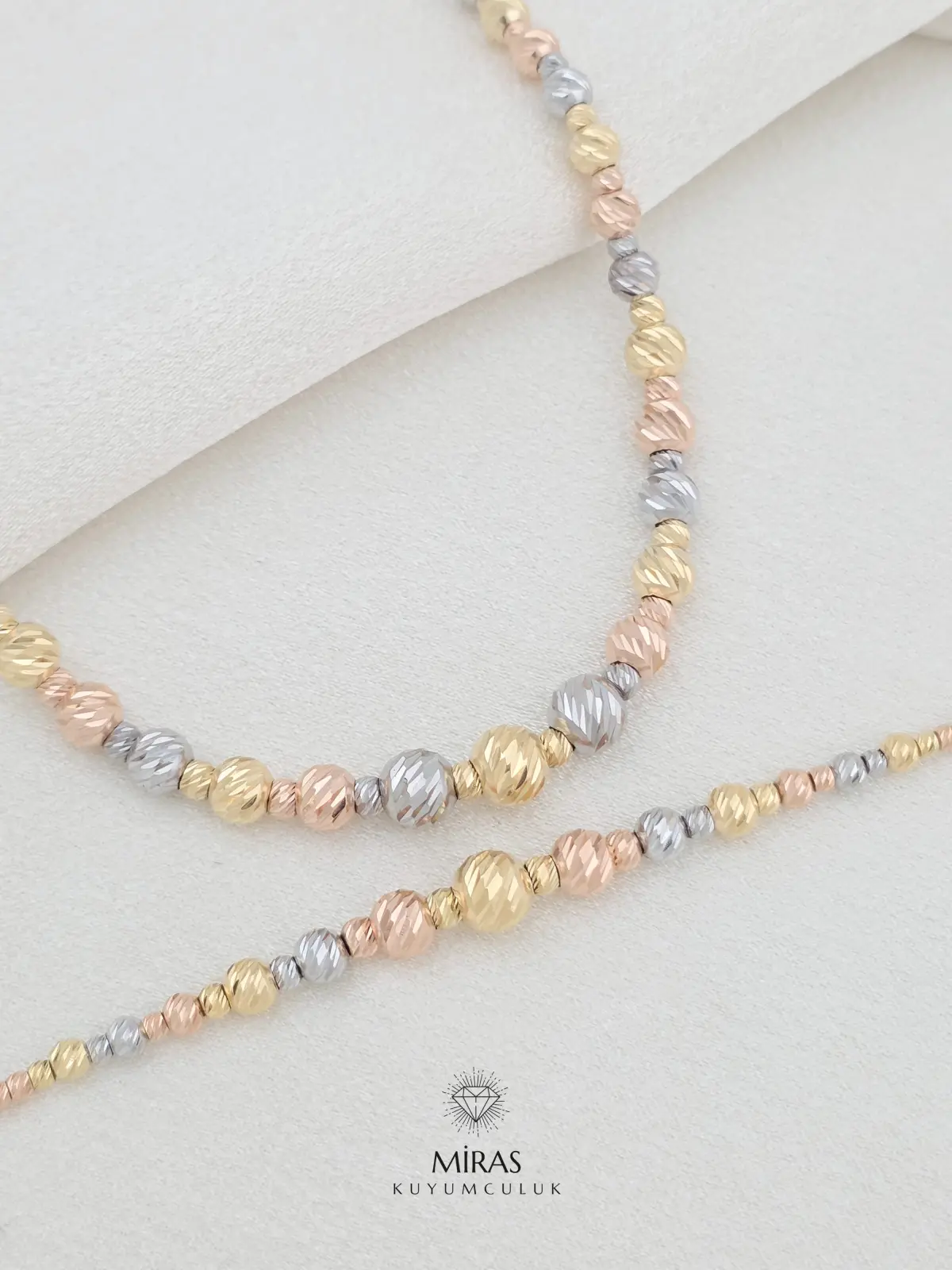 14 Ayar Altın - Üç Renkli Süzme Dorika Kolye & Bileklik Set