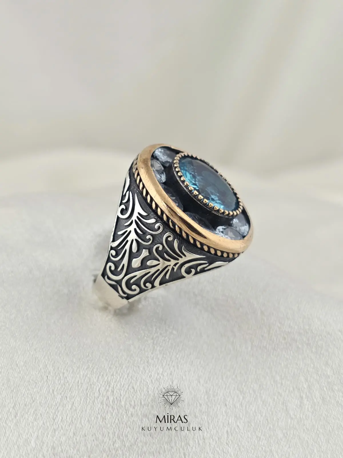 Aquamarin & Turkuaz Taşlı Erkek Gümüş Yüzük