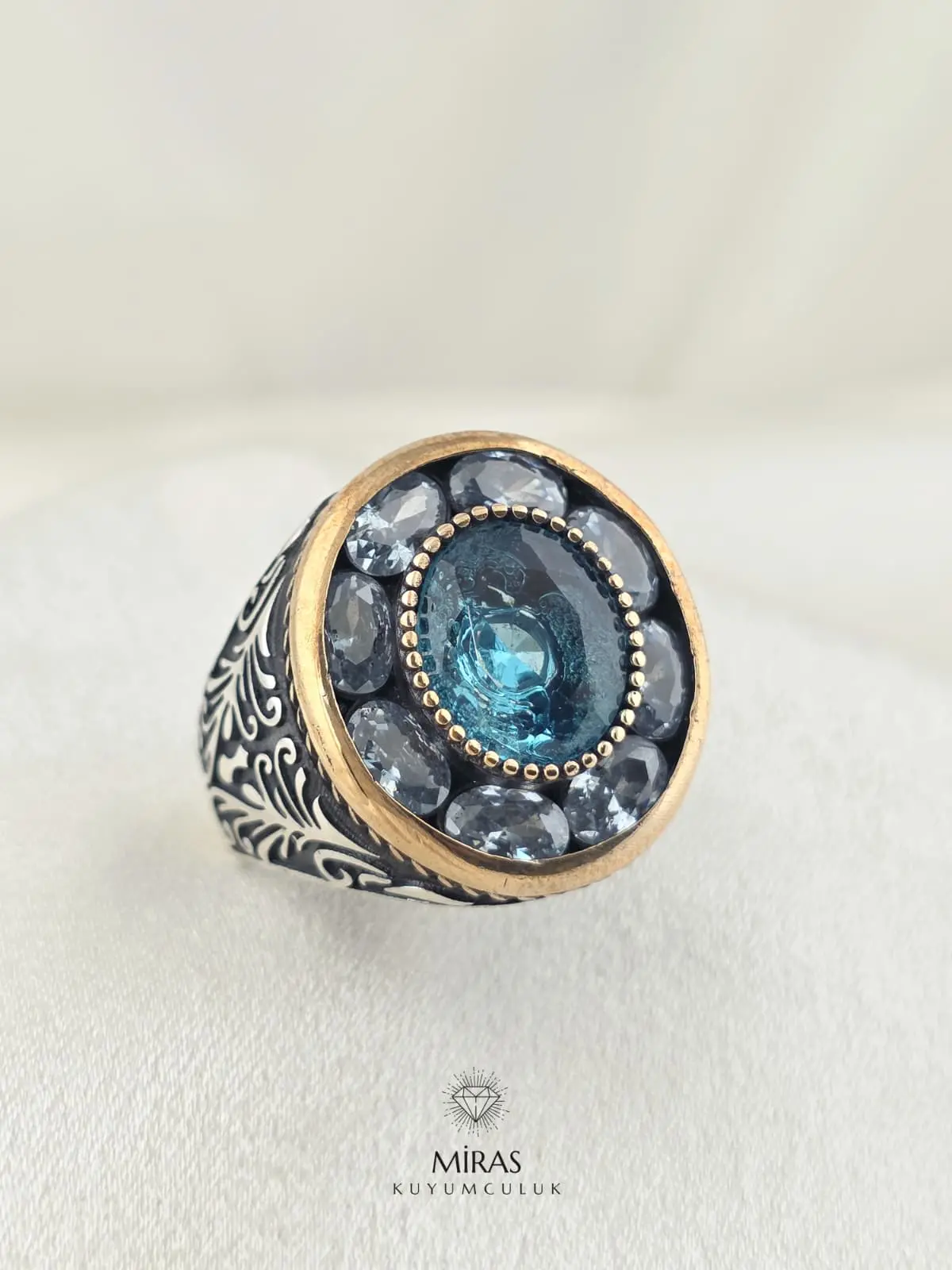 Aquamarin & Turkuaz Taşlı Erkek Gümüş Yüzük