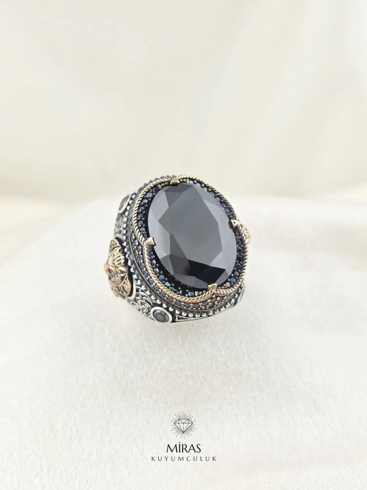 Siyah Taşlı Faset Kesim Erkek Gümüş Yüzük