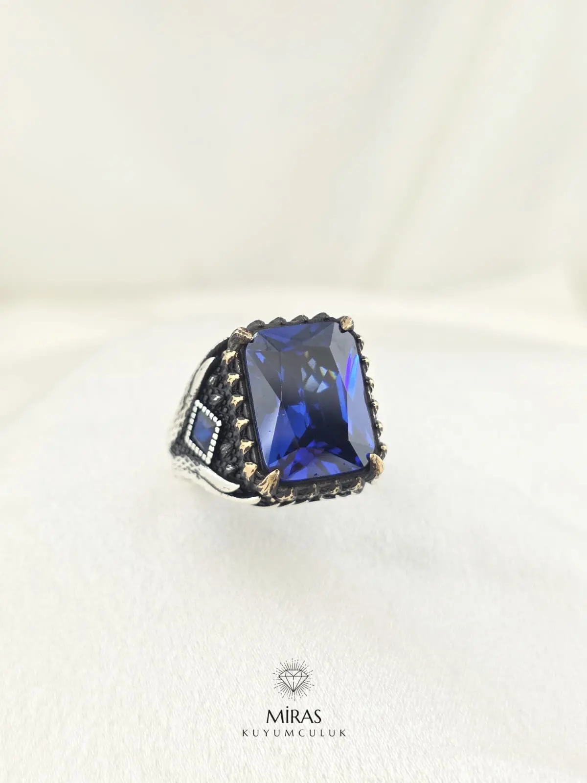 Safir Renk Taşlı Erkek Gümüş Yüzük - HSG30