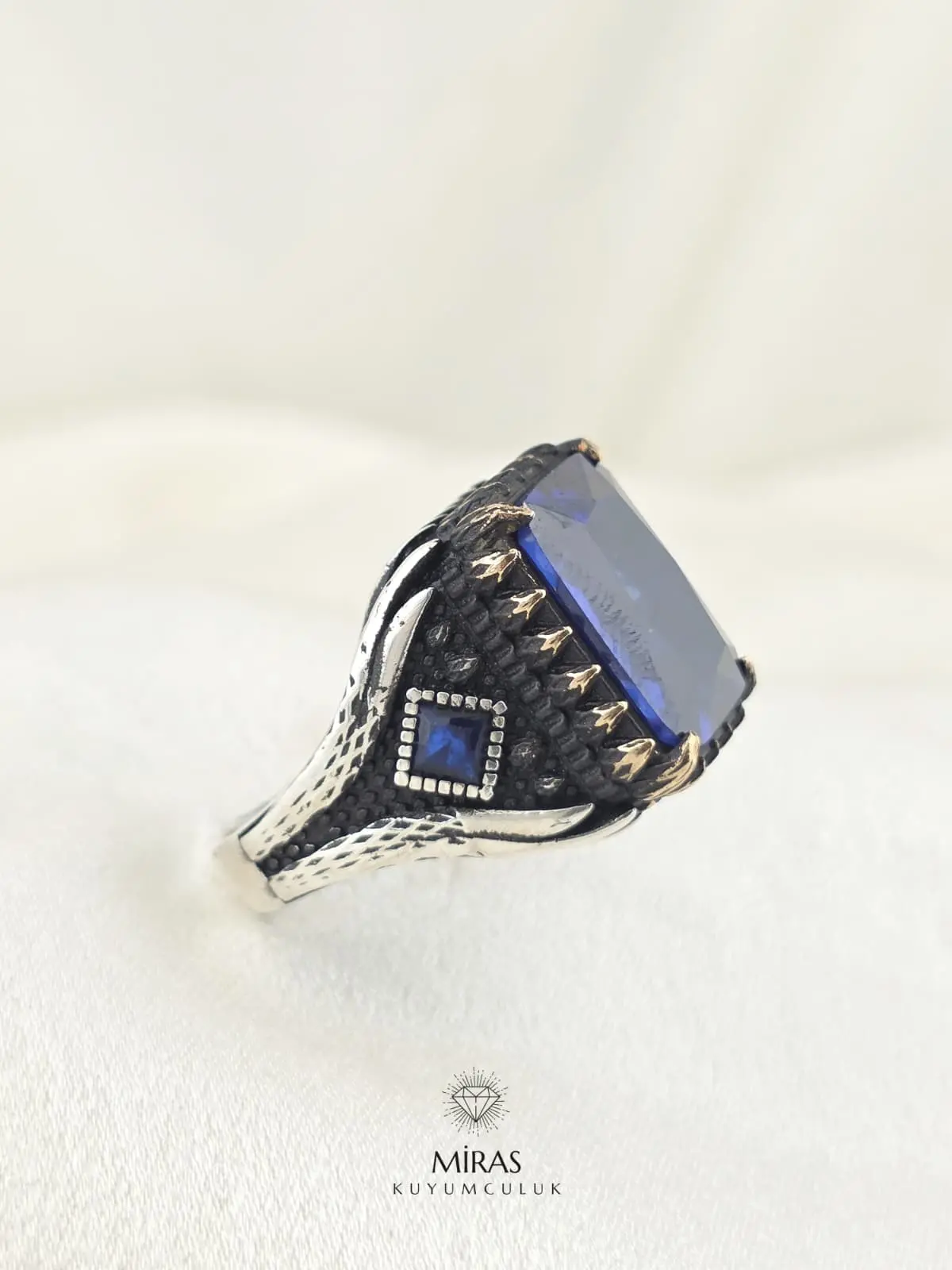 Safir Renk Taşlı Erkek Gümüş Yüzük - HSG30