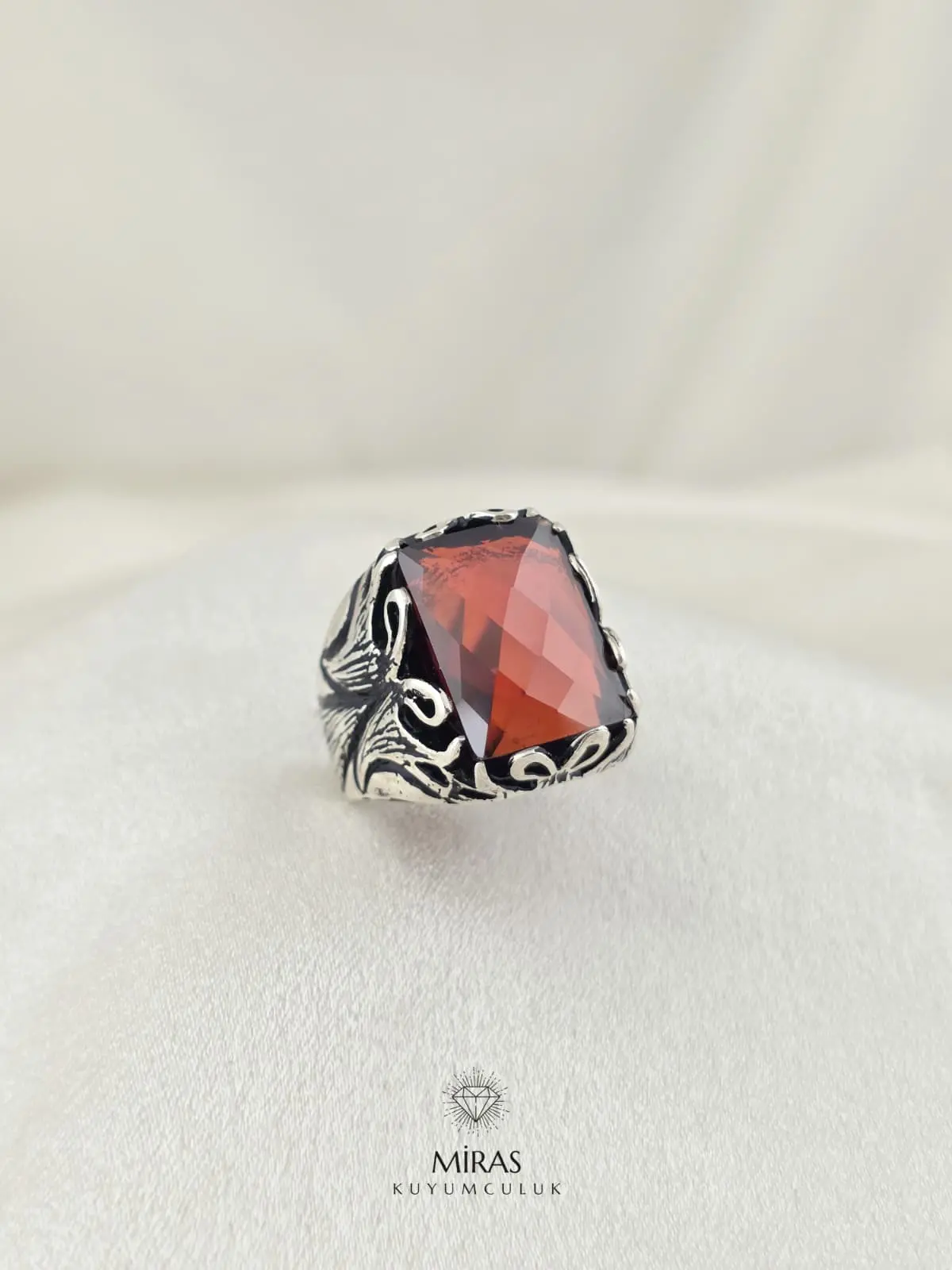 Kehribar Renk Taşlı Erkek Gümüş Yüzük - HSG25