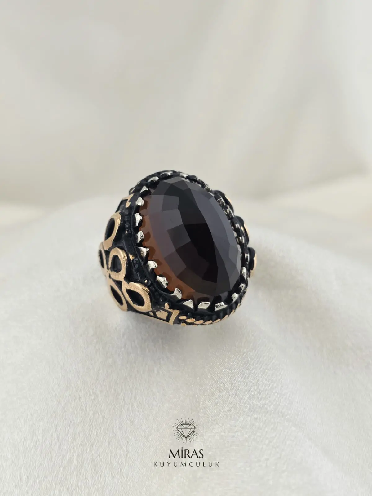 Faset Kesim Kahverengi Taşlı Erkek Gümüş Yüzük - HSG26