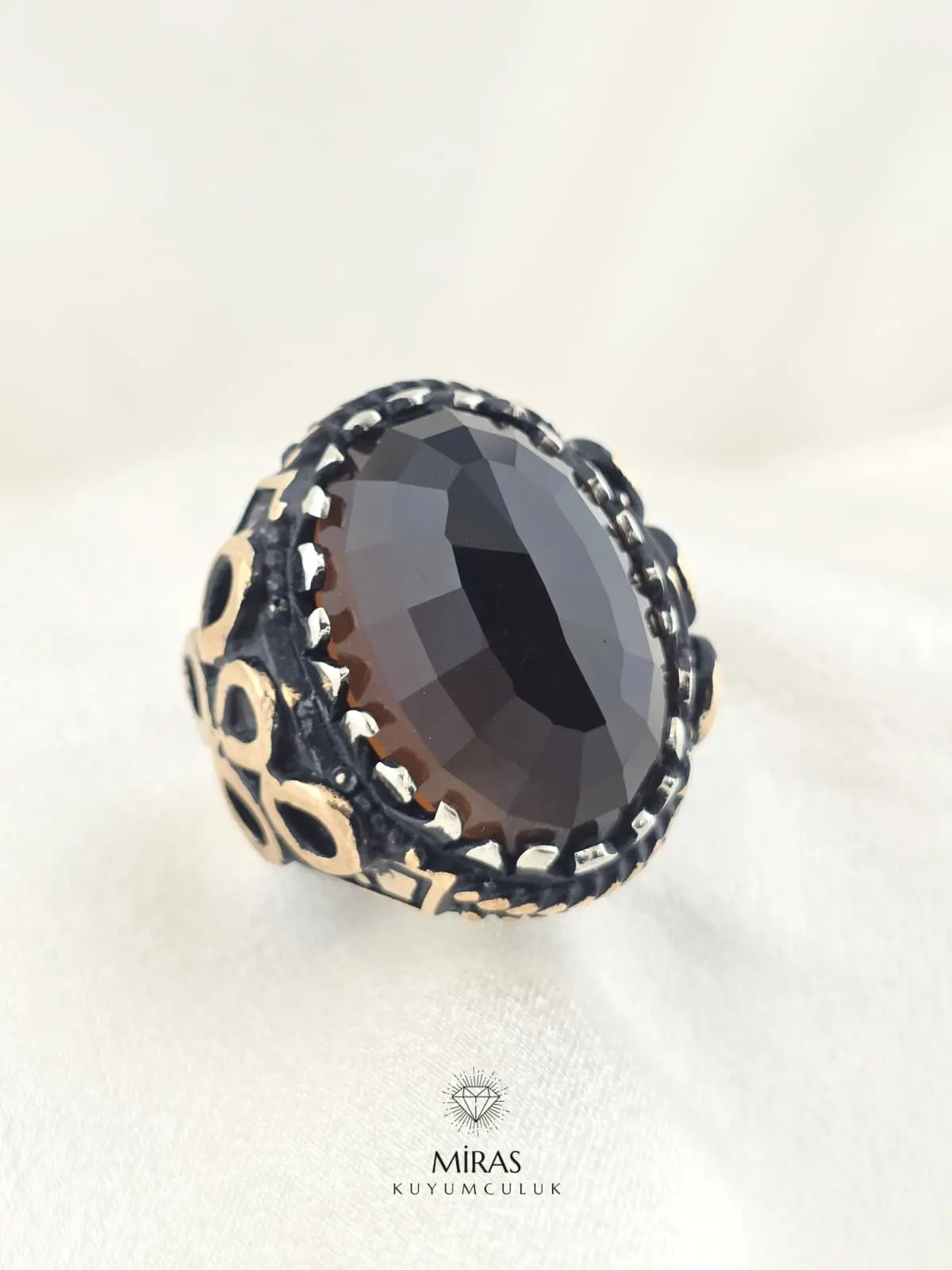 Faset Kesim Kahverengi Taşlı Erkek Gümüş Yüzük - HSG26