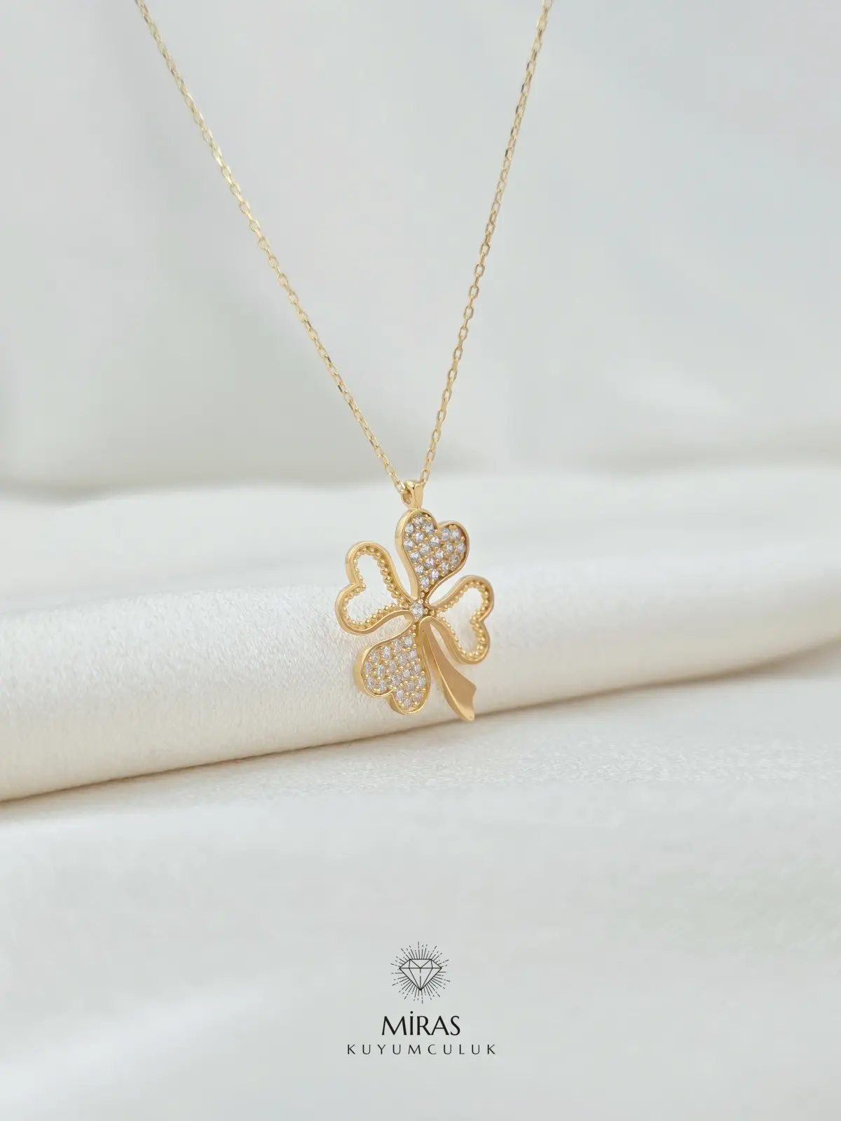 14 Ayar Altın - Taşlı Dört Yapraklı Yonca Kolye - 14KLY799