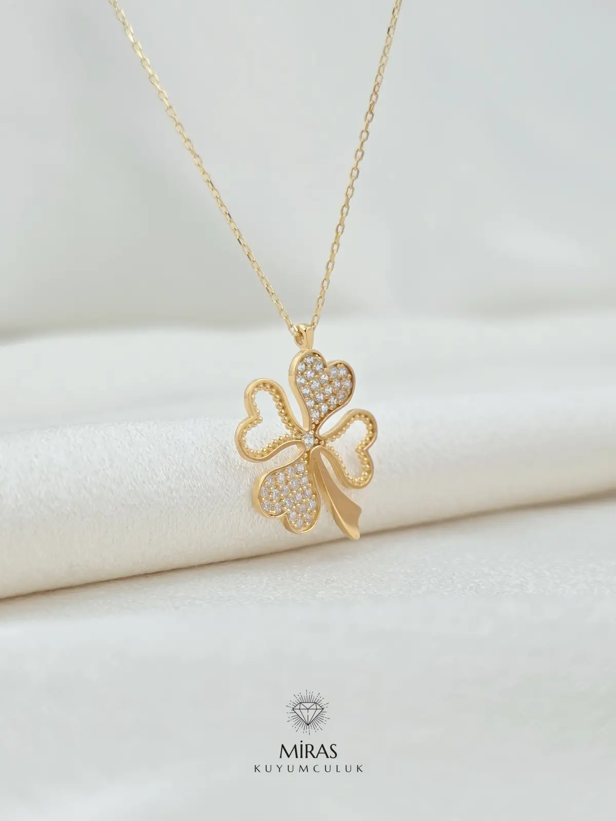 14 Ayar Altın - Taşlı Dört Yapraklı Yonca Kolye - 14KLY799