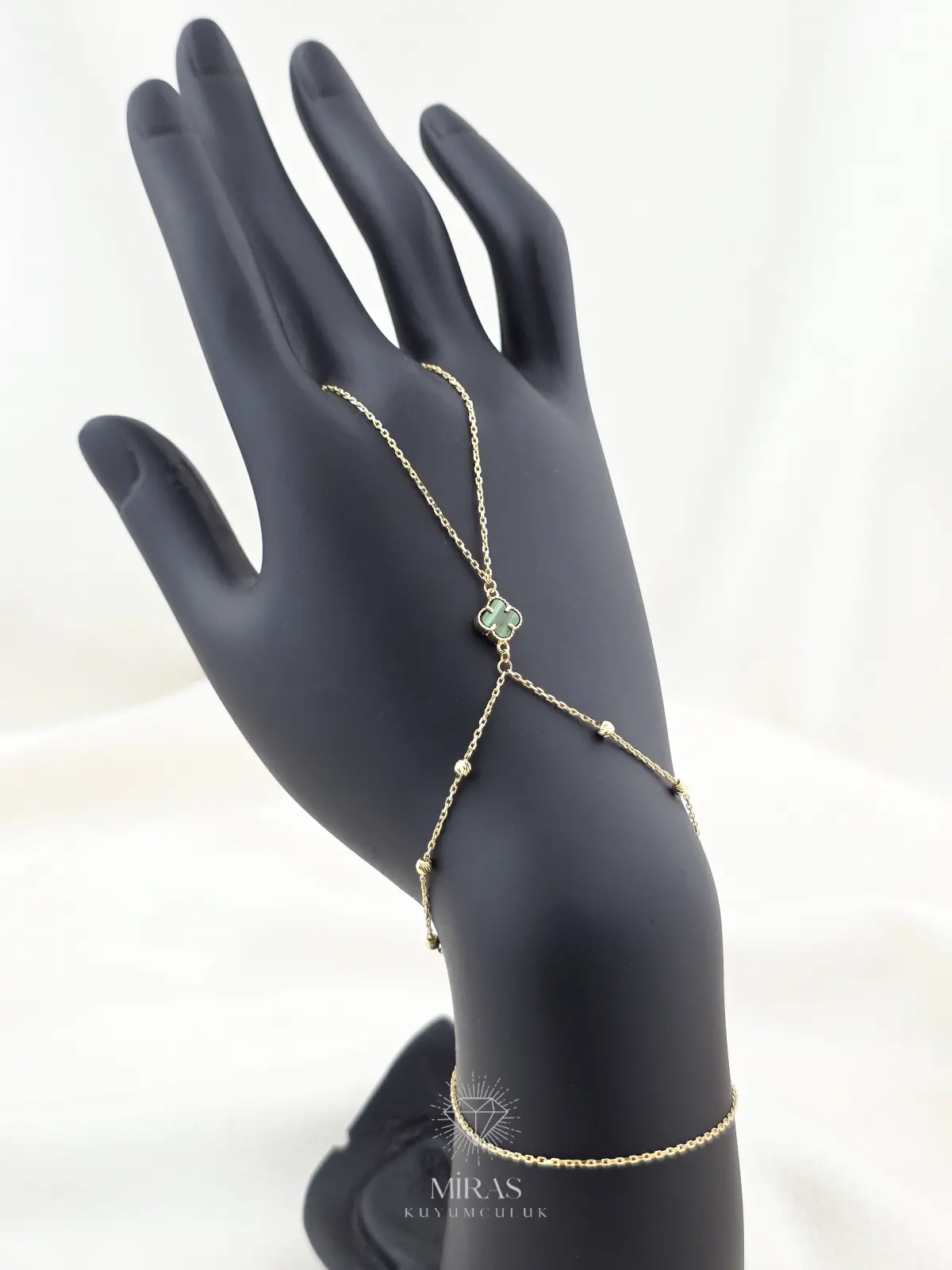 14 Ayar Altın - Yeşil Taşlı Yonca Motifli Şahmeran - 14SAH15