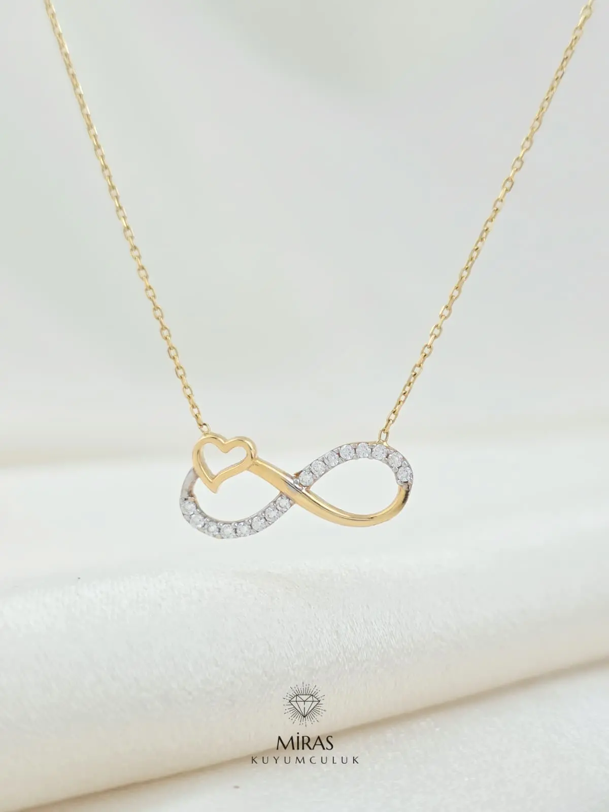 14 Ayar Altın - Taşlı Kalp Detaylı Sonsuzluk Kolye - K14KLY1001 